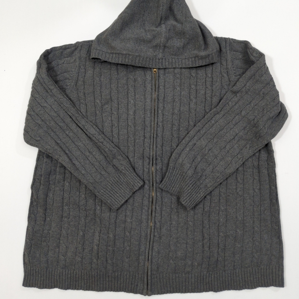 Woman Within Cotton Cable Knit Hooded Cardigan Sweater 1X